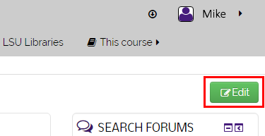 the edit button at the top right of the moodle course page.