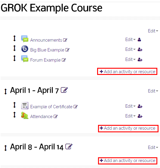 add an activity or resource button.