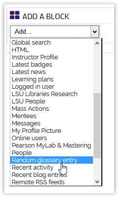 Random Glossary Entry on the Add a Block dropdown menu
