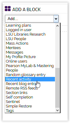 Recent Activity on the Add a Block dropdown menu