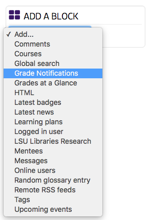 Add a Block window with Grade Notifications option highlighted