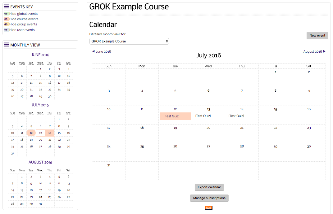 Moodle Calendar page with events key block highlighted