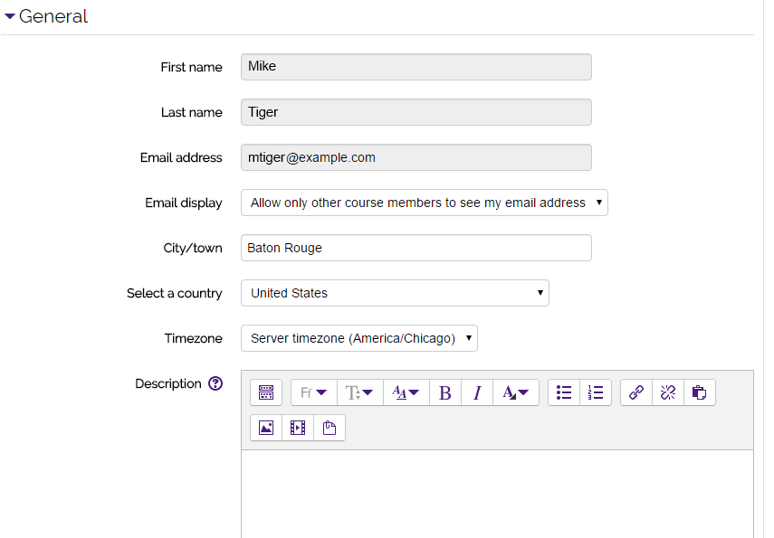 General settings with several information such as first and last name