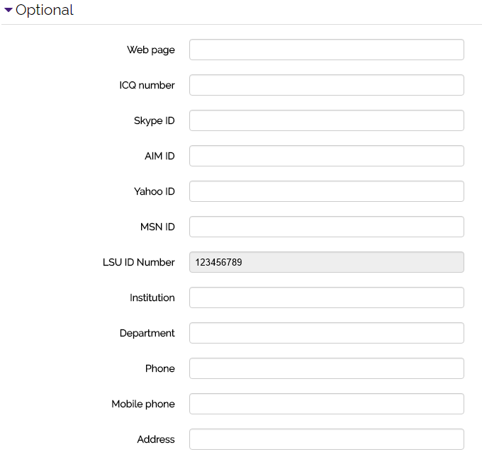 Optional settings such as webpage, ICQ number, skype ID, etc.