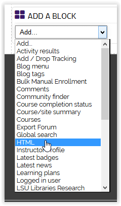 HTML options on the add a block dropdown