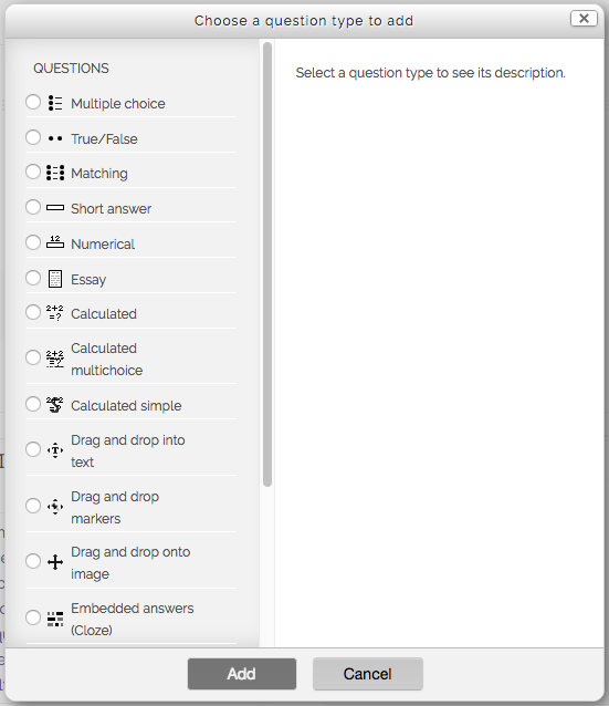 Question Types window with options in the left sidebar and add button at bottom