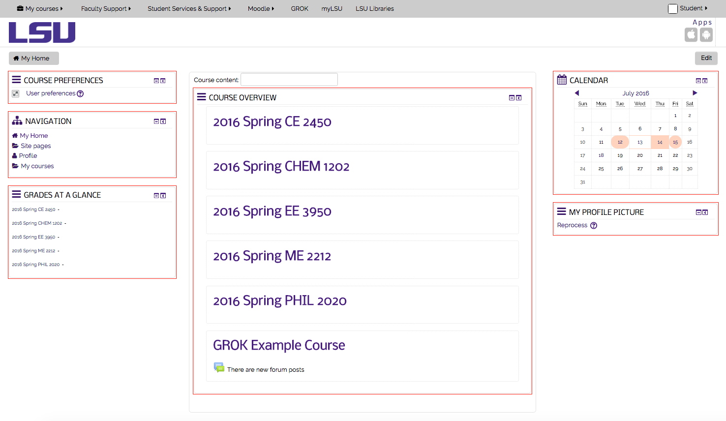 Moodle Student Home Page