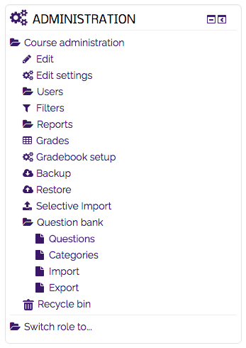 Administration block with the Question bank option expanded, Questions link highlighted