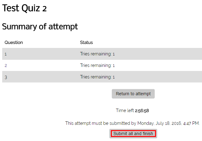 submit quiz button at the bottom of the page