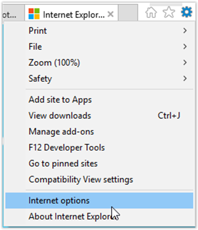 Tools menu with Internet options highlighted