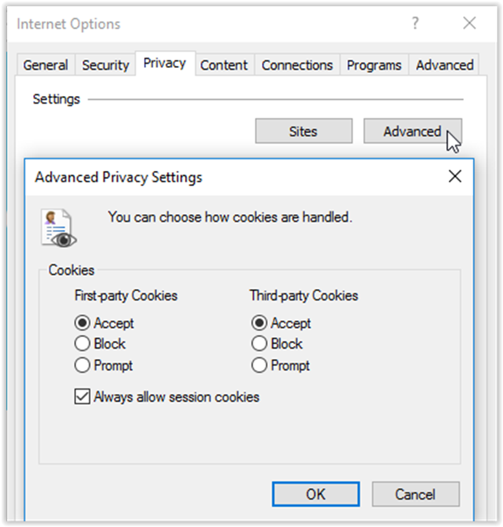 Cookie options under advanced settings