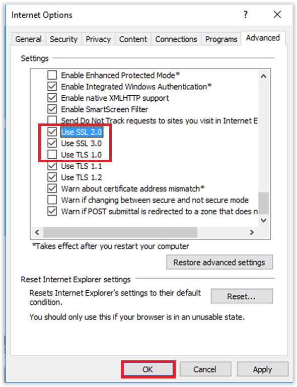 Under the Advanced tab, two options are checked and one is unchecked