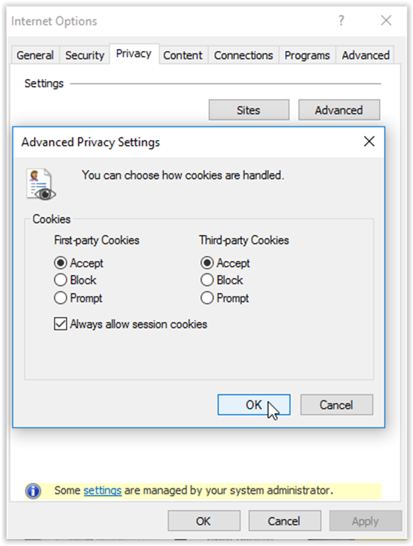 Cookie options for internet explorer