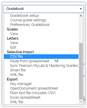 CSV file dropdown menu