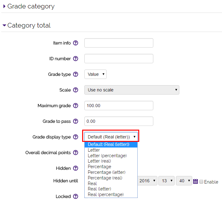 the grade display type drop down menu