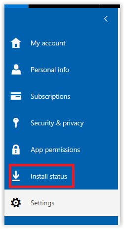 the Office 365 settings menu with the "install status" button highlighted