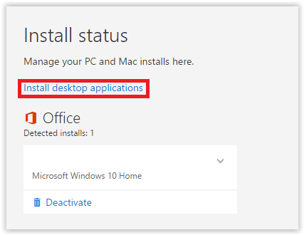 install status screen in Office 365 with the "install desk applications" button highlighted