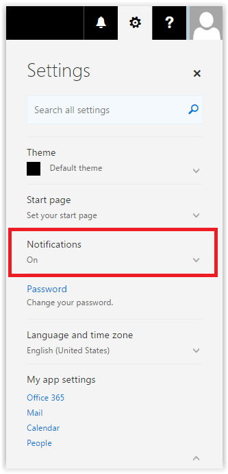 Notifications settings button on Settings dropdown menu