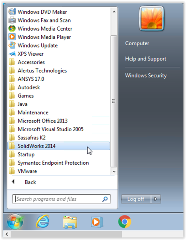 SolidWorks 2014 on the progams window