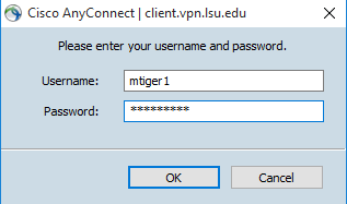 AnyConnect login window with PAWS username and password.