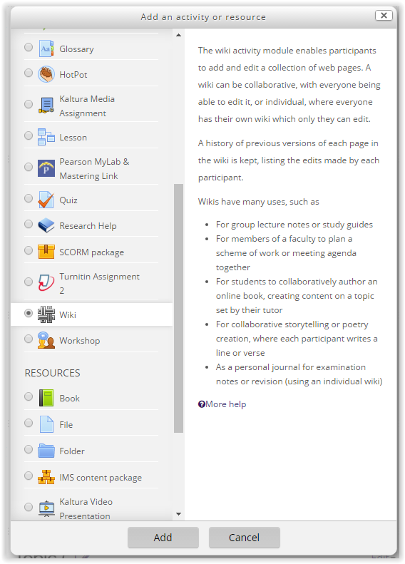 Wiki options under Activity