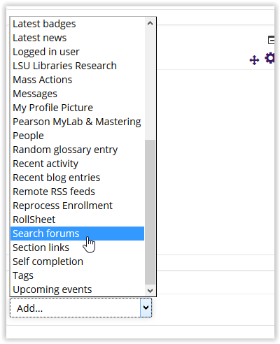 Search Forums option on the Add a Block drop-down menu