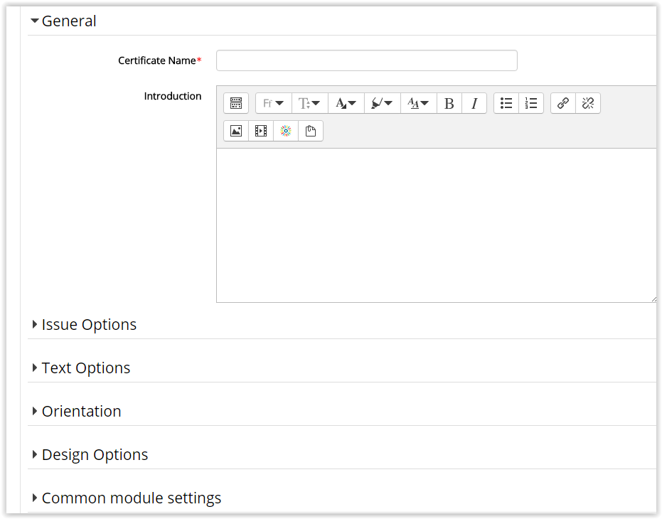 options for adding a certificate, with the name text box at the top and introduction box underneath