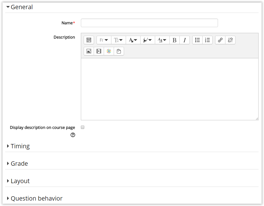 settings for adding a Quiz to moodle with name at the top and description underneath