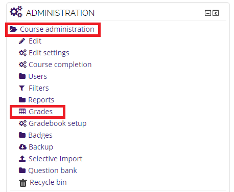 grades option on the course administration block
