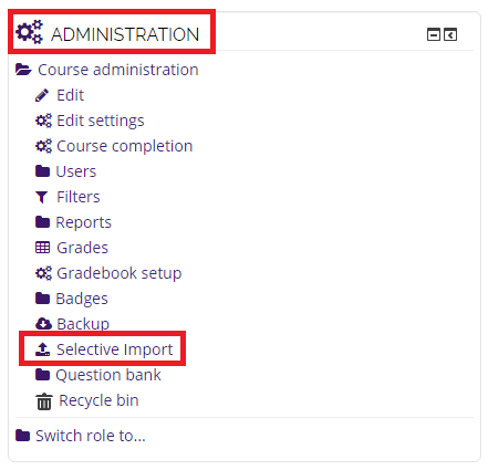 selective import button on the administration block