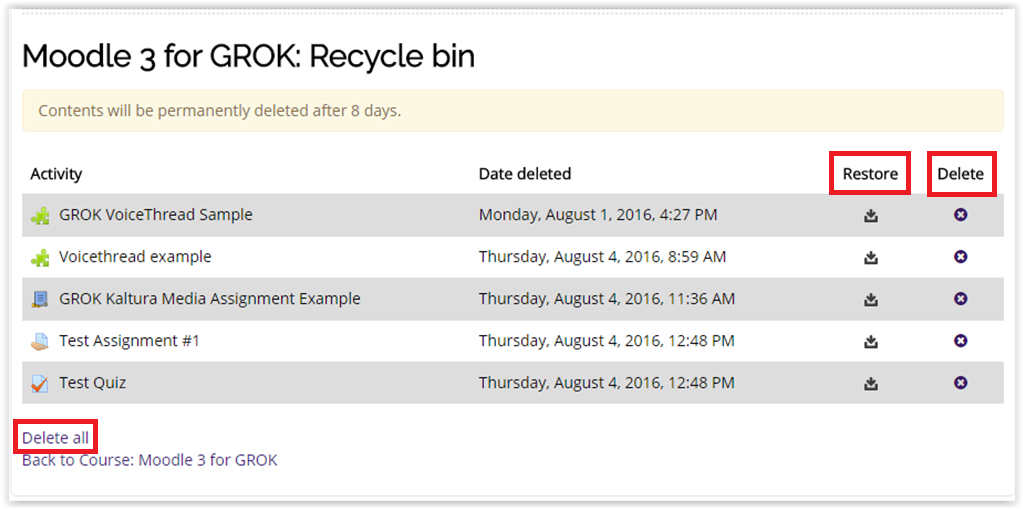 Options for Recycle Bin