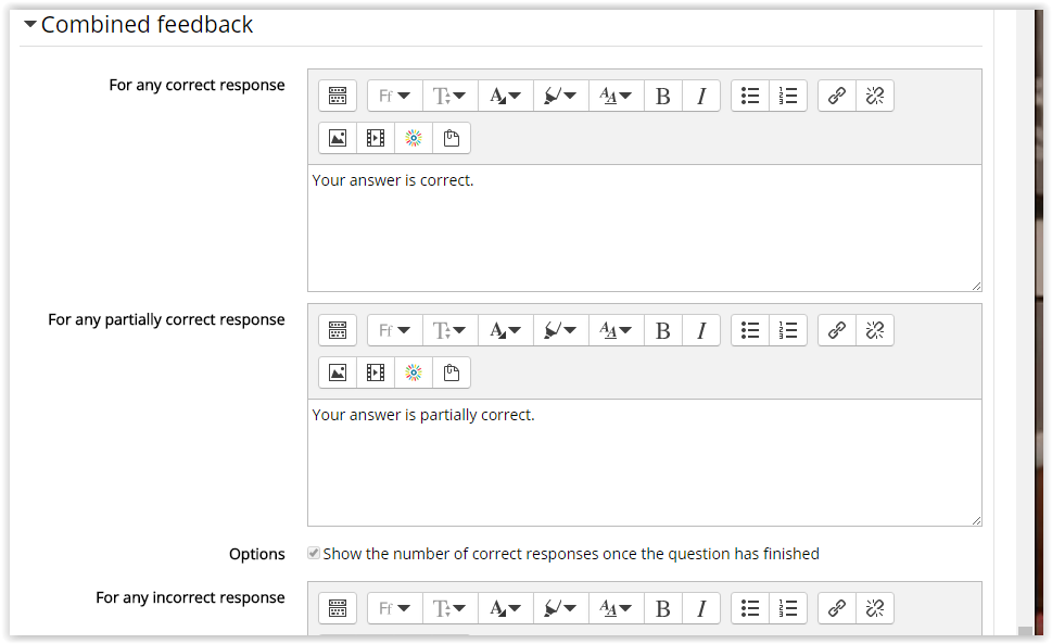 Combined Feedback tab with correct, partially correct, and incorrect response text fields
