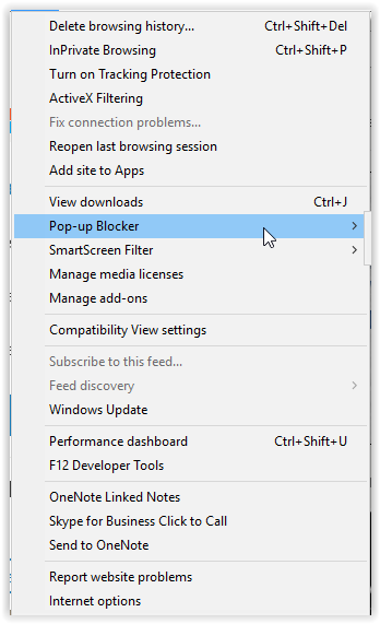 pop-up blocker command on the tools toolbar.