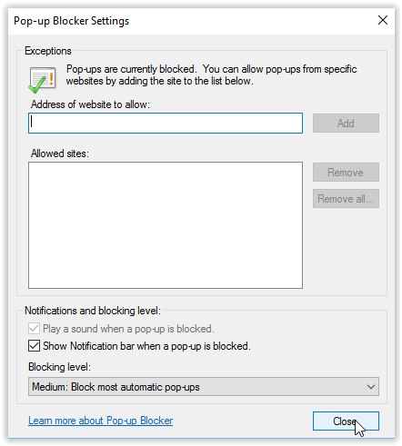 pop-up blocker settings dialog box.