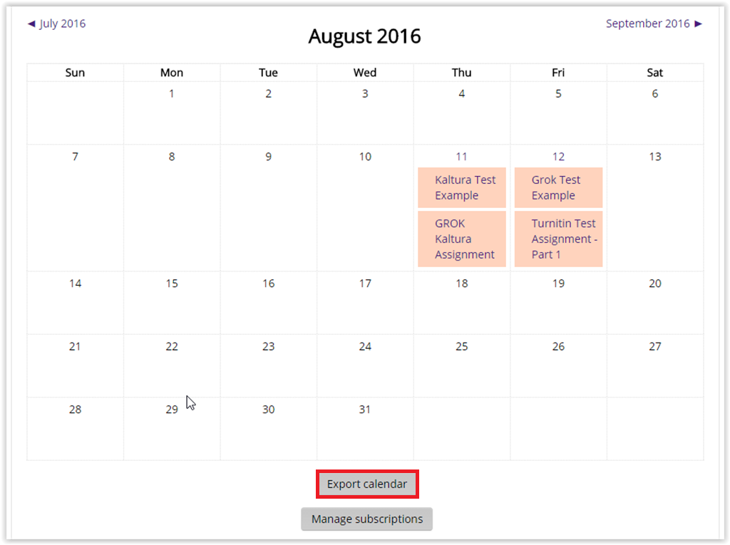 Export calendar button