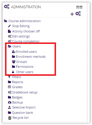 course administration block showing the Enrolled Users link