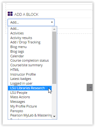 LSU Libraries Research option in the Add a Block drop down menu
