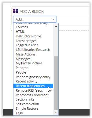 add a block with recent blog entries selected.