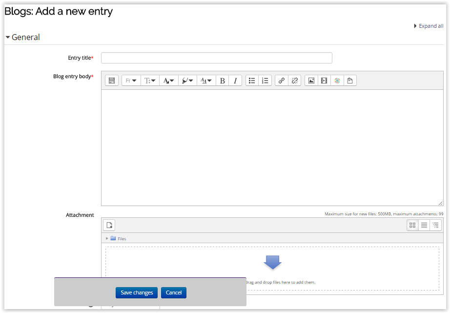 title and body text fields for writing a blog post with save changes button at the bottom