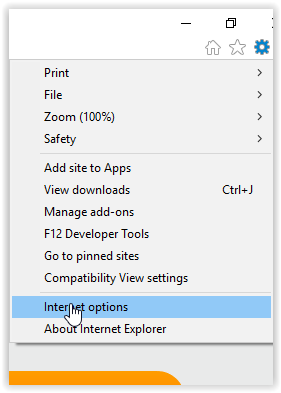 Options menu denoted by a gear highlighted at the top right corner of the page, with internet options selected from the pull down menu.