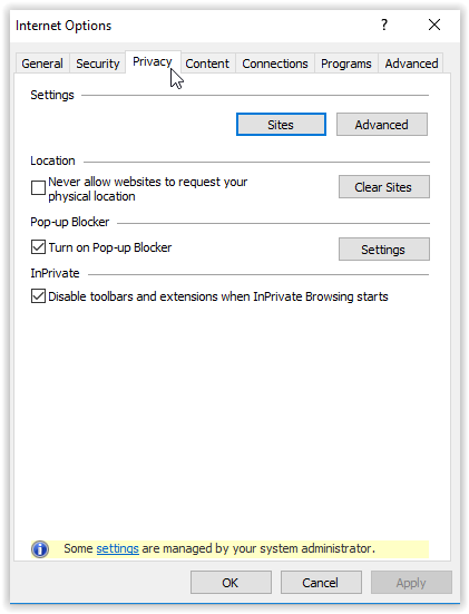 Internet Explorer Privacy tab highlighted at the top of the window