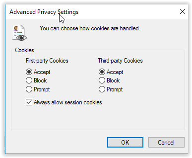 Advanced window with First-party, third-party as options and Accept highlighted.