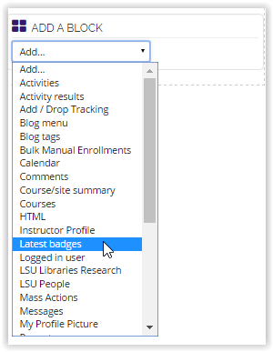 add a block with Latest badges selected.