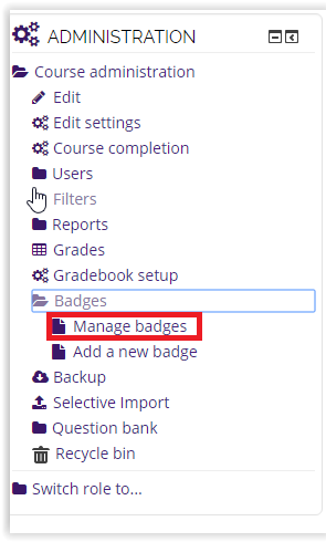 the administration section with manage badges highlighted