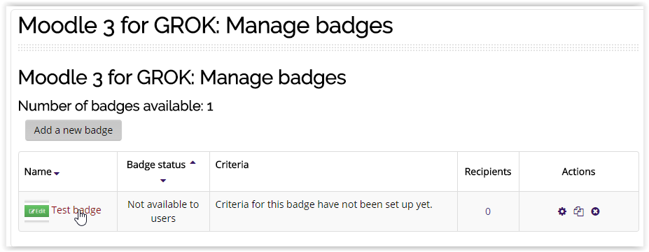 the manage badges screen