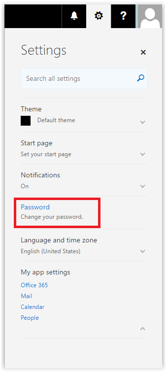 settings drop down menu reveals the password options.