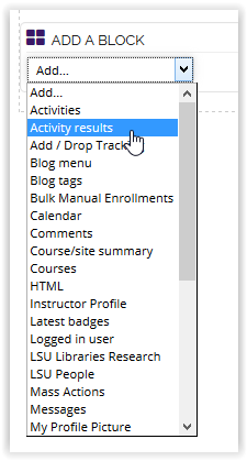 Activity Results from the Add a Block drop down menu.
