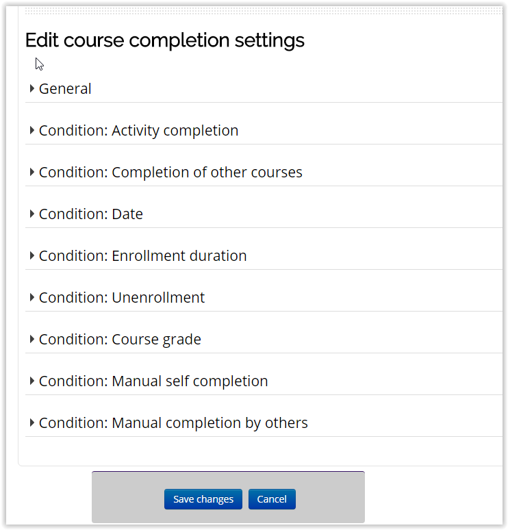 course completion settings page