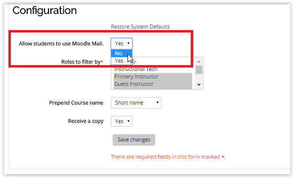 moodlemail configuration settings