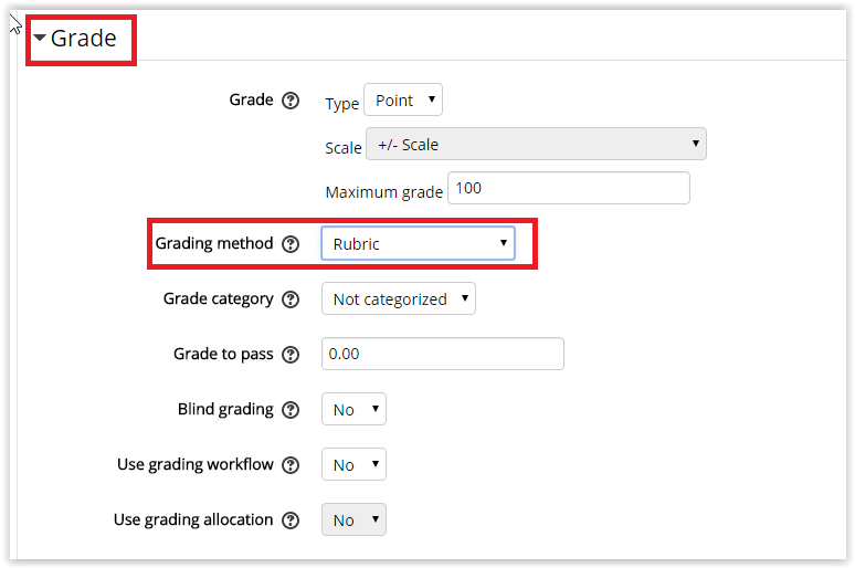 the grade drop down menu is highlighted and the grading method drop down menu is also highlighted